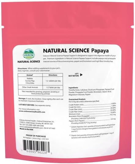 Oxbow Animal Health Papaya Support, High Fiber Digestive Supplement for Rabbit & Guinea Pig, Made with Timothy Hay, Includes Papaya, Pineapple, Papain, & Bromelain, Made in USA, 1.16 oz Bag