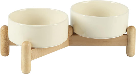 Ceramic 5.1inch Raised Double Bowls Set with Wooden Stand, Elevated Food & Water Bowls for Small Breed Dogs, Cats, Kitty, Weighted Dog Dishes, Pet Bowls(13.5oz, Beige)