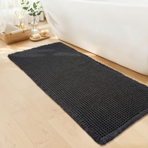 Long Black Bathroom Rug, Waffle Bath Mat Runner Non Slip, 24 x 72 by GRLYUH