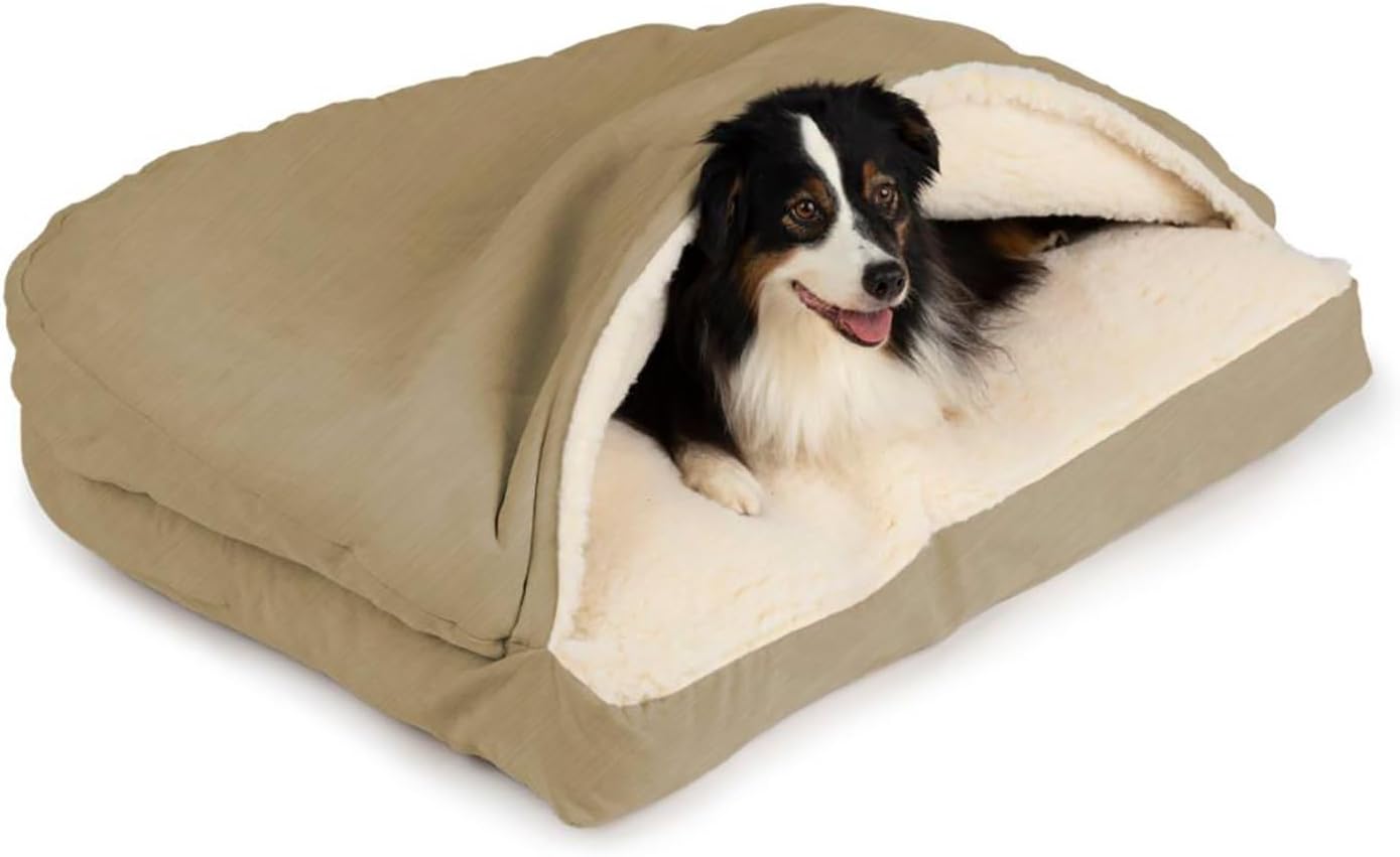 Snoozer Rectangle Cozy Cave Dog Bed - Indoor Dog Bed with Cover Cave, Covered Calming Burrow for Small Sized Pets with Blanket Attached, Enclosed, Washable - Small, Khaki