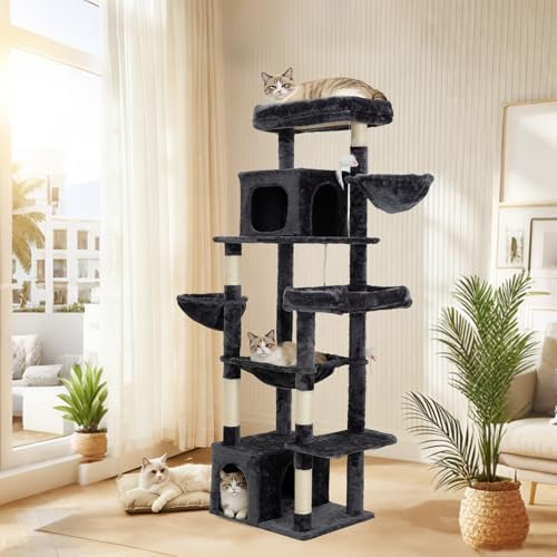 Upgraded 69.7 Inch Multi Level Cat Tree Perches Condos Hammocks Basket Toy Grey - Image 6
