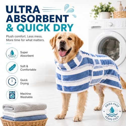 Quick-Dry Dog Bathrobe, Absorbent Striped Pet Towel Coat，Red：L - Image 3