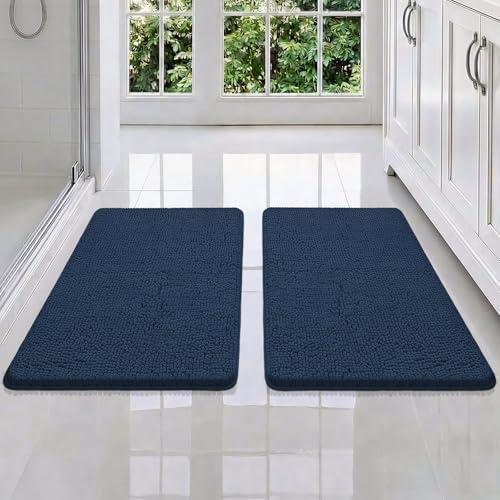 Bcoimo Bath Rug Mat Set, 2 Piece Thick Absorbent Chenille Bathroom Mat Navy by Bcoimo