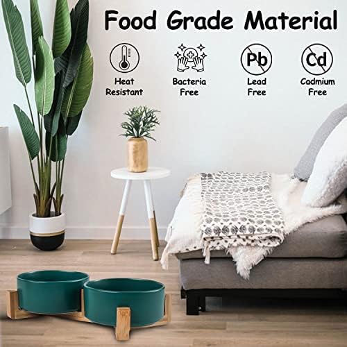 Petygooing Dog Bowls,Green Ceramic Cat Dog Bowl Set with Stand for Food and Water Feeder,Non-Slip Cute Modern Pet Dishes for Cats Small Size Dogs Puppy (13.5OZ/5.1 in)