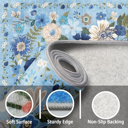 Blue Floral Hallway Runner Rug for Bedroom Kitchen - Image 4