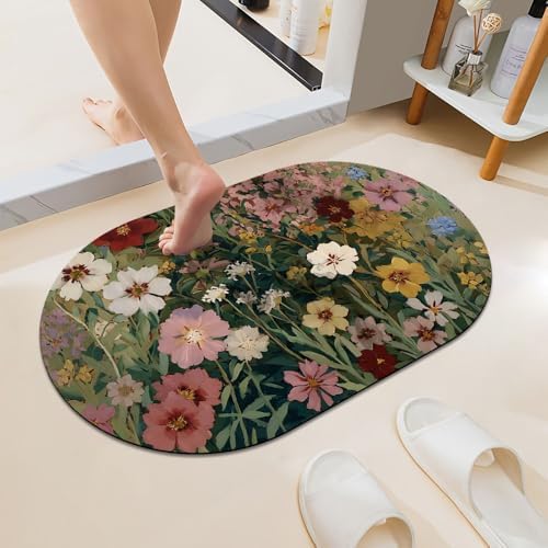 Pinks White Vibrant Floral Super Absorbent Quick-Drying Bathroom Mat Rug by ZHUZHISHAN