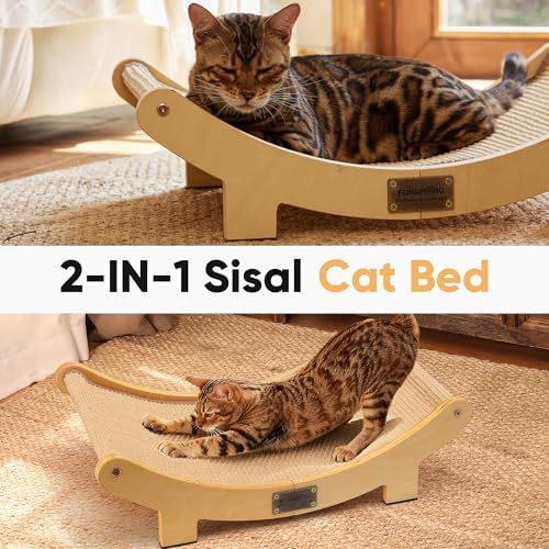 FUKUMARU Sisal Cat Scratcher Bed, Solid Wood Cat Hammock - Image 2
