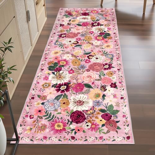 Pink Floral Hallway Runner Rug 2x6 by WelcometoBabovid