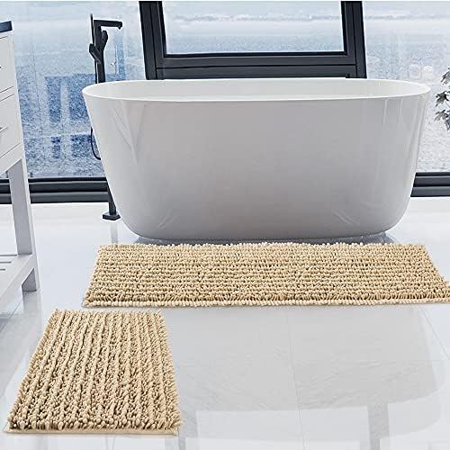 Luxury Chenille Beige Bathroom Rugs Sets 2 Piece, Thickened Hot Melt Rubber by HVERONNEX