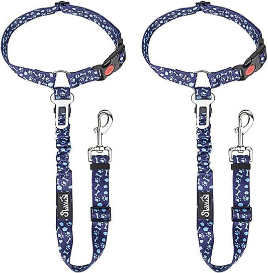 SlowTon Dog Seat Belt for Car, 2 Pack Dog Car Harness Seatbelt Adjustable with Elastic Bungee Buffer, 2 in 1 Pet Car Leash Headrest Restraint Dog Reflective Safety Tether (Blue Paw, Headrest+Clip)