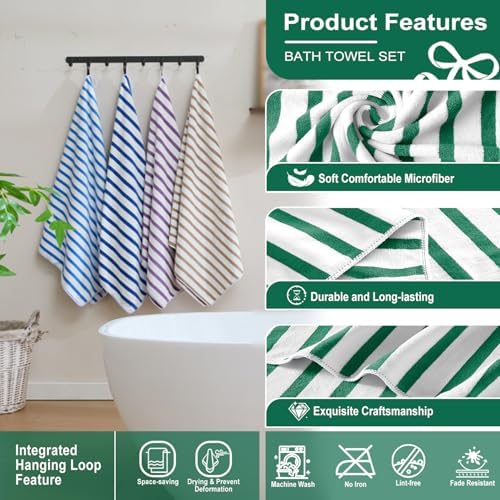 JML Microfiber Beach Towels, 4 Pack, Cabana Stripe Green - Image 3