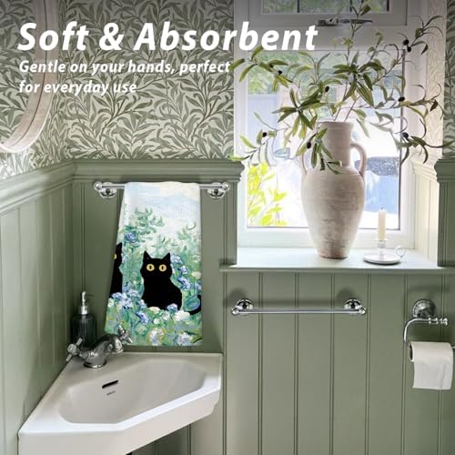Black Cat Blue Flower Kitchen Towels, Decor - Image 2