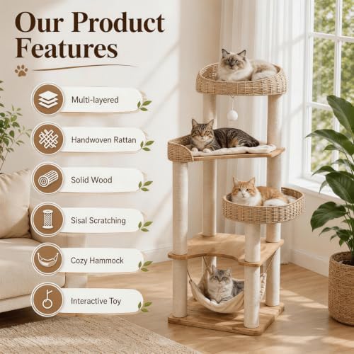 62in Wood Cat Tree for Large Cats, Heavy Duty Tall Cat Tower - Image 2