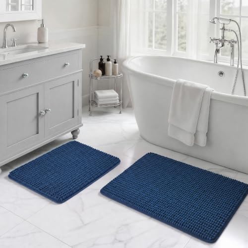 Ophanie Navy Blue Bathroom Rugs Sets 2 Piece, Soft Chenille Bath Mat, Non Slip by Ophanie