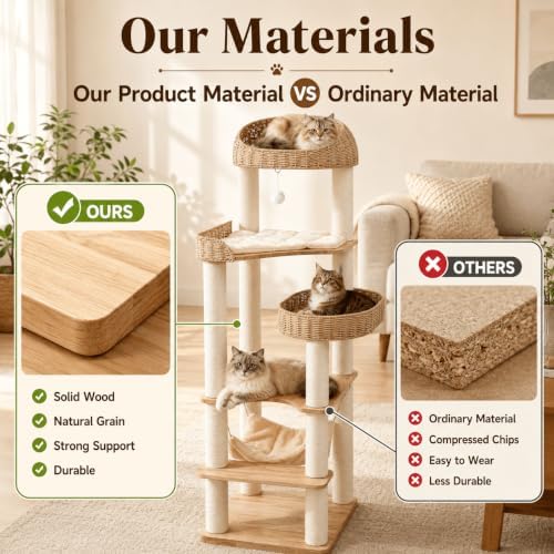 62in Wood Cat Tree for Large Cats, Heavy Duty Tall Cat Tower - Image 4