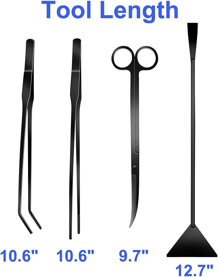 4Pcs Aquascaping Tools Kit, Long Stainless Steel Aquarium Plant Tools with Black Anti-rust Coating, Aquarium Tweezers, Scissors, and Scrapers for Aquascaping Cleaning（Magnetic Tool Holder）