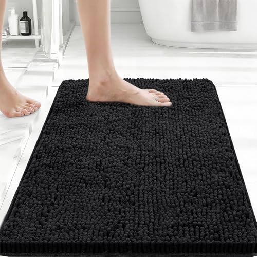 Bcoimo Small Bath Rug Mat, 24x17 Chenille Non Slip Black Bathroom Floor Mats by Bcoimo