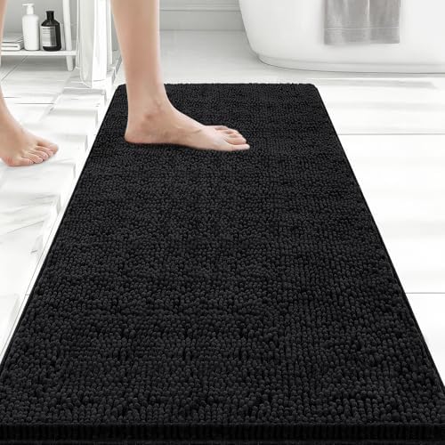 Bcoimo Bath Rug Mat, 44x24 Chenille Non Slip Black Long Bathroom Runner Rug by Bcoimo