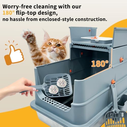 Stainless Steel Cat Litter Box, 2-Piece XL Enclosed Litter Box, Anti-Splash & - Image 6