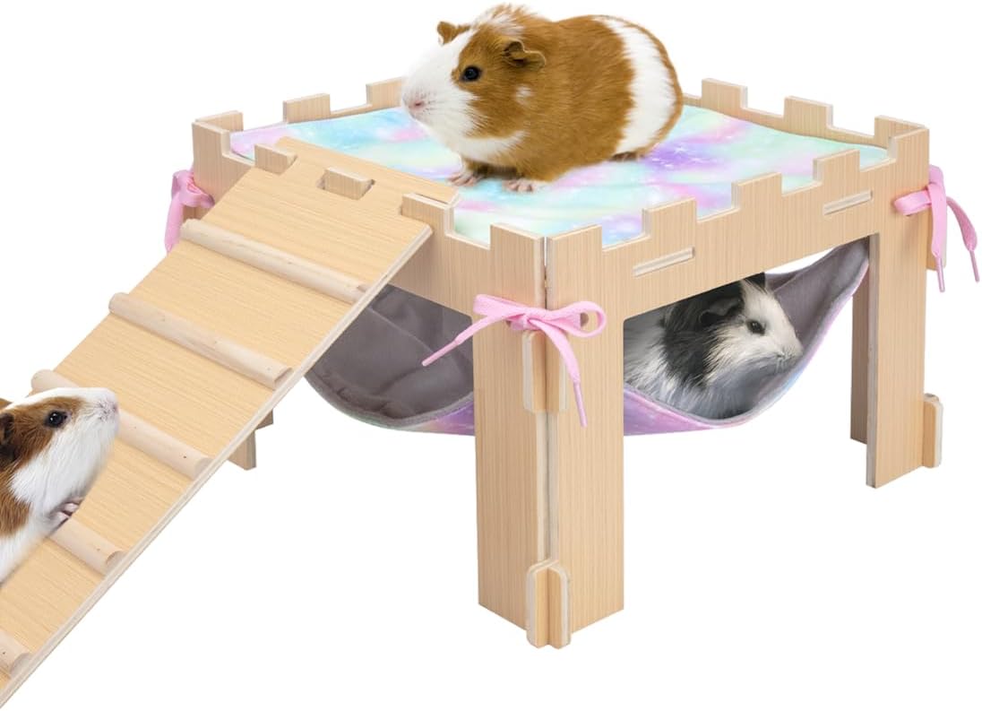 Guinea Pig Hammock with Platform and Ramps,Wooden Small Animal Hideout with Waterproof Coating Mat Hammock,Guinea Pig Cages Accessories Toys Hiding Playing,Easy to Clean(Single)