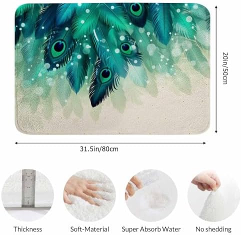 Peacock Feather Bathroom Mat Rugs Watercolor Gradient Blue Soft Halo Microfiber - Image 3