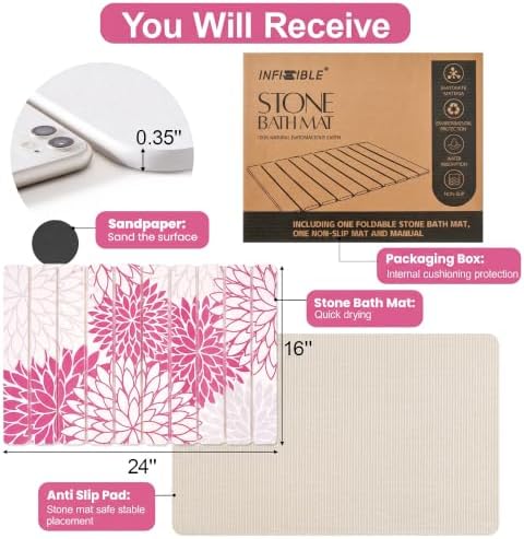 Pink Floral Quick Dry Diatomaceous Earth Stone Bath Mat - Image 6
