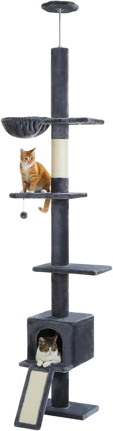 PEQULTI Floor to Ceiling Cat Tree, Tall Cat Tower, Adjustable Height (83''-108'') 5 Levels Climbing Tree for Indoor Cats with Cat Condo, Cozy Hammock and Scratching Post, Smoky Grey