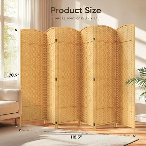 JOSTYLE Rattan Room Divider, 6-Panel Folding Privacy Screen 6ft. Extra Wide - Image 2