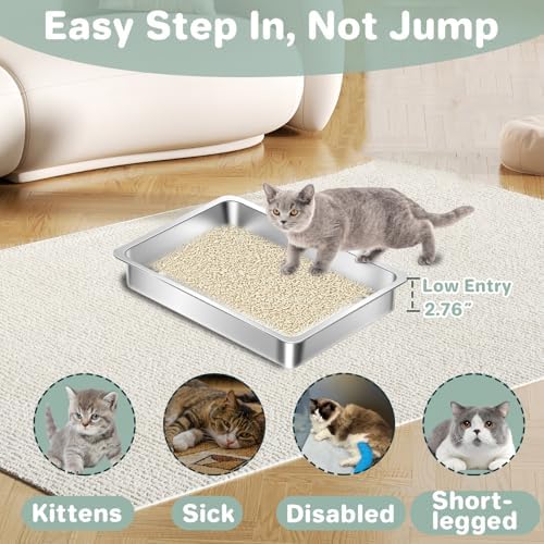 2 Pack Low Entry Stainless Steel Cat Litter Boxes, Metal Shallow Litter Box - Image 2