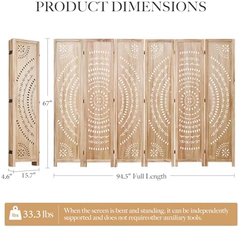 66.9Inch Folding Room Divider, 6 Panels Wood Carved Privacy Screens, Free - Image 5