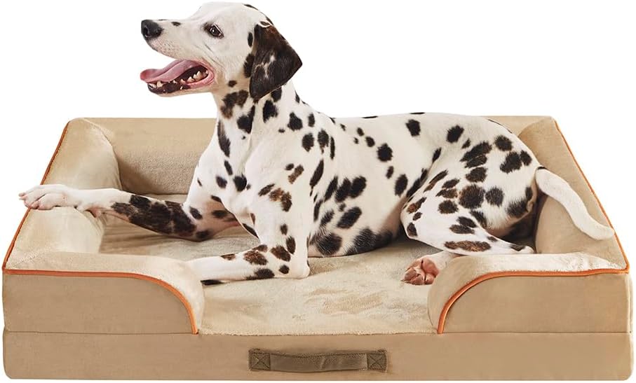 Friends Forever Orthopedic Dog Bed for Large Dogs, Waterproof Memory Foam Dog Sofa Bed L with Removable Washable Cover, Ally Khaki, 35x25x6.5