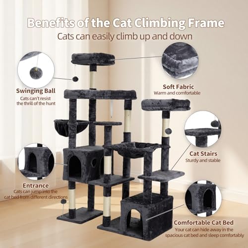 Upgraded 64.5 Inch Multi Cat Tree 3 Perches 2 Beds 2 Baskets Grey - Image 3