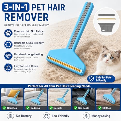 Pet Hair Remover with Reusable Heads, 4-in-1 Portable Carpet Rake, Cat & Dog - Image 6