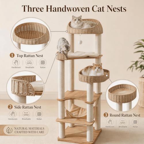 62in Wood Cat Tree for Large Cats, Heavy Duty Tall Cat Tower - Image 5