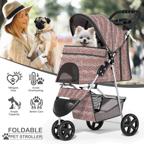 MoNiBloom Pet Stroller for Small/Medium Dogs and Cats, Leopard Print - Image 2