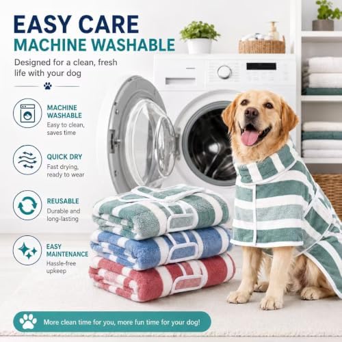 Quick-Dry Dog Bathrobe, Absorbent Striped Pet Towel Coat，Red：L - Image 6