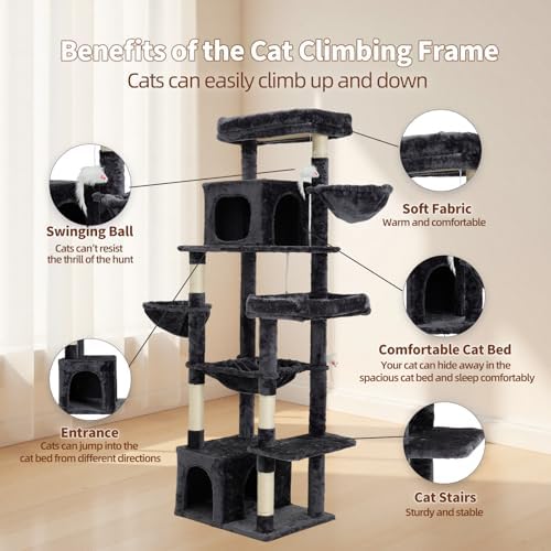 Upgraded 69.7 Inch Multi Level Cat Tree Perches Condos Hammocks Basket Toy Grey - Image 3