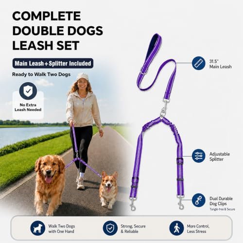 Double Dog Leash Padded Handle 360°Swivel No Tangle Dual Leash - Image 2