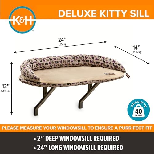 K&H Cat Window Perch, Deluxe Bolster Kitty Sill, Tan/Kitty Print - Image 2