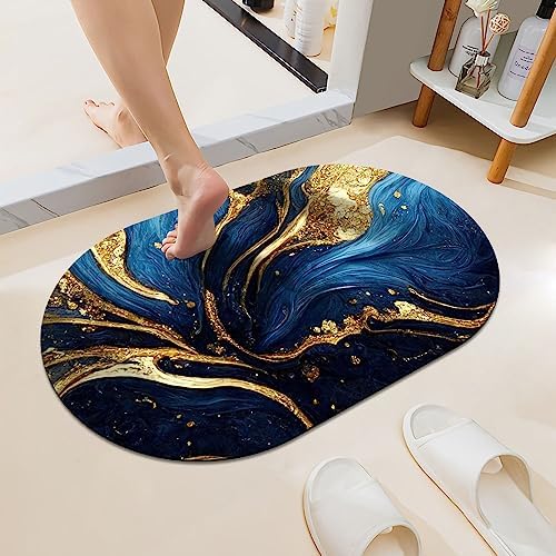 Blue and Gold Marble Texture Super Absorbent Quick-Drying Bathroom Mat Rug by ZHUZHISHAN