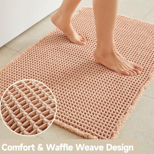 TYUU Waffle Bath Mat, Boho Bathroom Rugs Non Slip, 48x24 Light Peach - Image 3