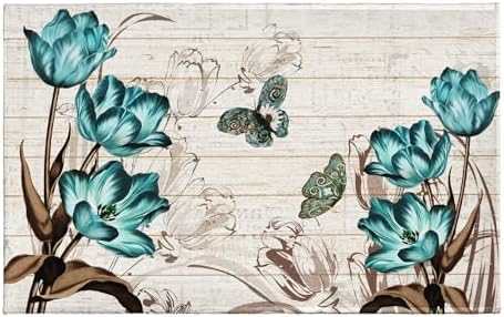 Giwawa Teal Floral Bath Rug Butterfly Flower Bath Carpet Soft Bathroom Plush by Giwawa