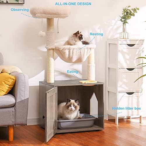 Hey-brother Cat Tree Tower, Litter Box Enclosure, Food Station - Image 2