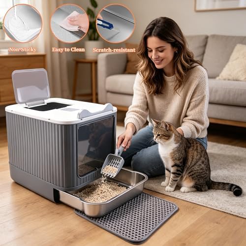 Stainless Steel Cat Litter Box Enclosed, Dual Entry, Pull-Out Tray - Image 3