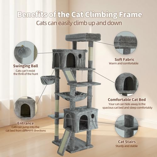 68.9 Inch Upgraded Cat Tree 2 Scratching Boards Beds Hammock Toy Ball Grey - Image 3
