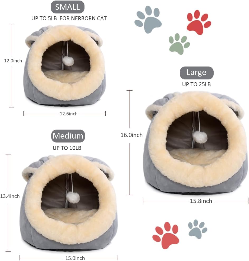 Cat Beds for Indoor Cats - Rabbit-Shaped Cat Cave Bed with Hanging Toy,Super Soft Calming Pet Bed for Kitten&Puppy,Small Dog,Warm Plush&Machine Washable&Removable Cotton Pad,Cat Hideaway(Grey M)