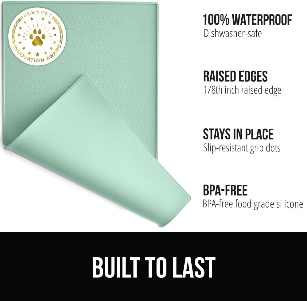 GORILLA GRIP 100% Waterproof Raised Edge BPA Free Silicone Pet Feeding Mat, Dog Cat Food Mats Contain Spills Protects Floors, Placemats for Cats and Dogs Water Bowl, Pets Accessories 28x18 Mint