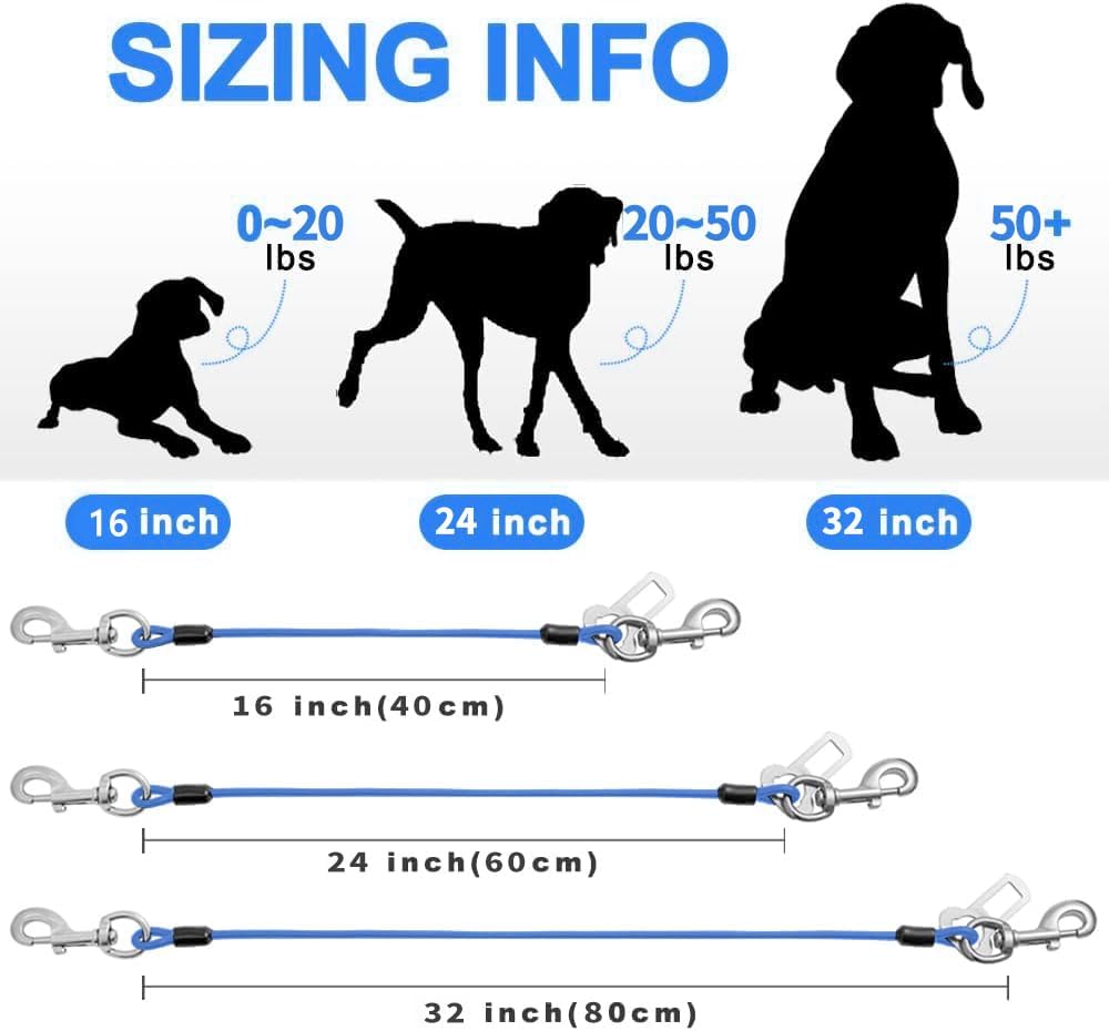 Dog Seat Belt Harness for Car,Dog Seatbelt of Coated Wire Leash Safety Restraint,No Chew Tether Cable Vehicle,Double Clips & Latch(Blue, 16 inch/40 CM)