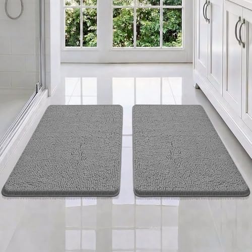 Bcoimo Bath Rug Mat Sets, 2 Piece Extra Soft Chenille Gray Bathroom Mat Set by Bcoimo