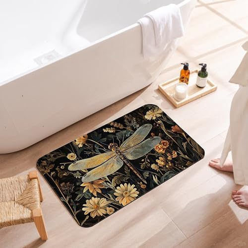 Bathroom Floor Mat, Vintage Dragonfly Bathroom Rugs, Quick Dry Rustic Flowers - Image 3